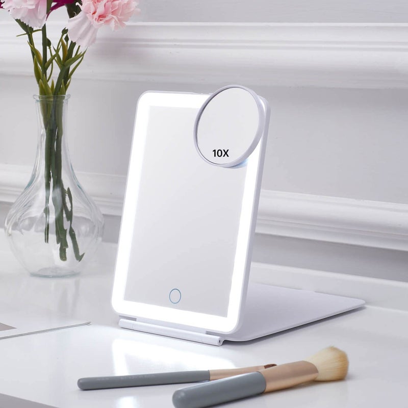 مرآة مكياج LED مع شريط ضوء ثلاثي الألوان مرآة مكياج مع ديمينغ غير متدرج مرآة لمسية مرآة تجميل قابلة للطي مرآة زينة محمولة - Image 3